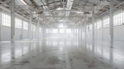 Empty white warehouse interior with clean, open space and a pristine white background, emphasizing the vast, uncluttered area