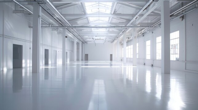 Empty white warehouse interior with clean, open space and a pristine white background, emphasizing the vast, uncluttered area