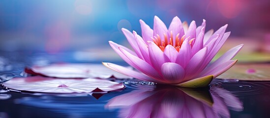 A beautiful water lily floating in a serene pond with vibrant colors and delicate petals providing a stunning copy space image