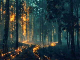Digital jungle scene with glowing lights and binary code