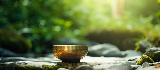 A singing bowl placed by a tranquil stream with a serene backdrop creating a peaceful ambiance with a scenic copy space image