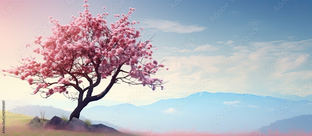 Poster spring background featuring a blooming tree with a scenic nature backdrop and space for text or othe