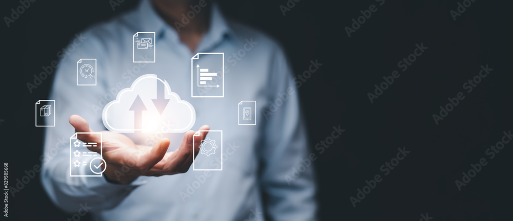 Aufkleber business people using laptop with cloud computing system , storage and data transfer cloud network, 