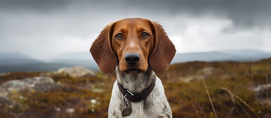 Front facing portrait of an Estonian Hound dog captured outdoors on a cloudy day with copy space image