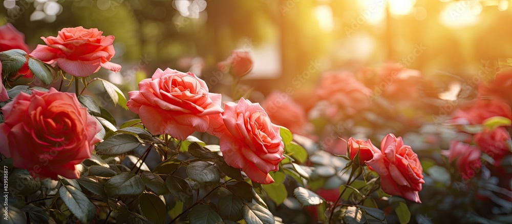 Poster in a sunny garden the roses provide a beautiful display. copy space image. place for adding text and