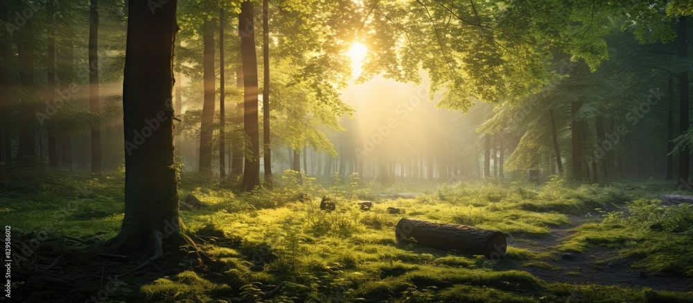 Poster in the morning sunlight transforms the forest s scenery. copy space image. place for adding text and