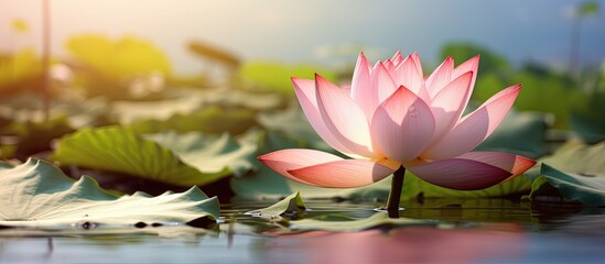 The stunning lotus in this picture exudes a serene beauty ideal for enhancing the ambiance of religious or spiritual settings featuring ample copy space image