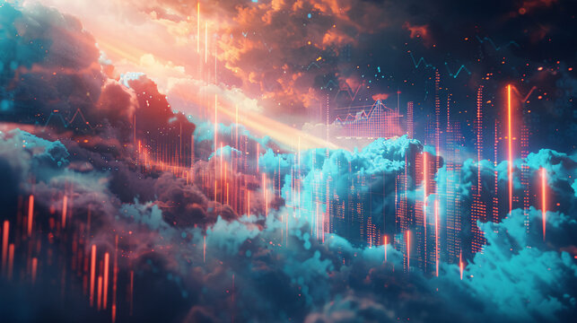 An abstract composition featuring layers of translucent clouds superimposed with financial charts and graphs, representing the volatile nature of markets and the need for adaptability in business