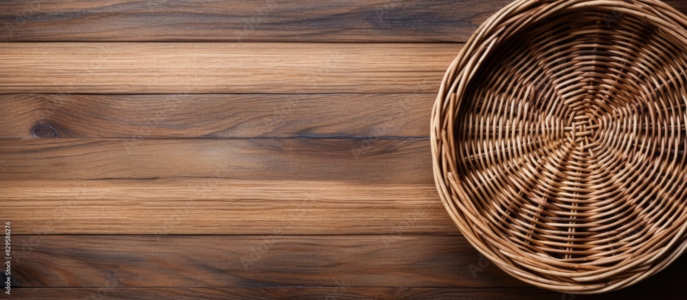Poster top view of a wicker basket on rustic wood background with copy space image