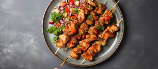 Top view of chicken kebab skewers on a plate against a light grey slate stone or concrete backdrop featuring copy space image