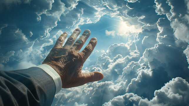 An artistic depiction of a businessman's hand reaching out to touch the sky, with clouds swirling around his fingertips, symbolizing the aspiration and ambition inherent in entrepreneurial endeavors.