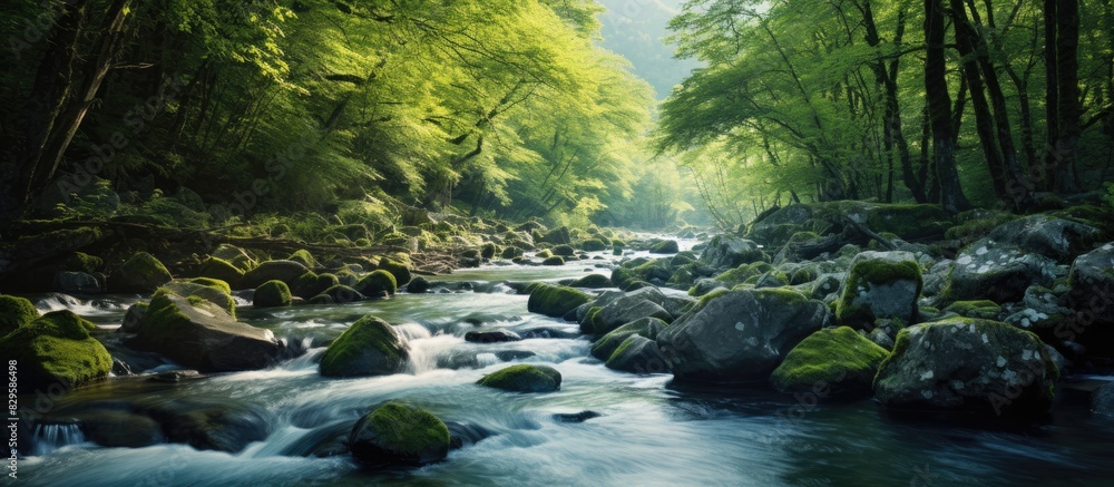 Poster nature composition featuring a river flowing deeply within a dense mountain forest with a tranquil a