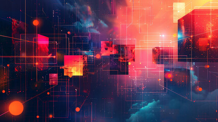 An abstract composition featuring geometric shapes and vibrant colors, resembling a digital interface for presenting data and information in a modern, visually engaging manner.