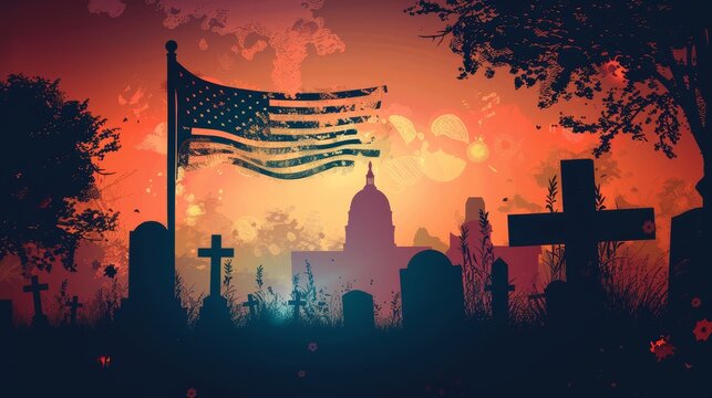 Waving tattered American flag, embodying a minimalist Memorial Day tribute copy space, solemn reflection, vibrant, silhouette against a solemn memorial backdrop