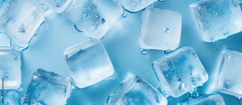Poster top view of ice cubes with water droplets on a blue surface with copy space image