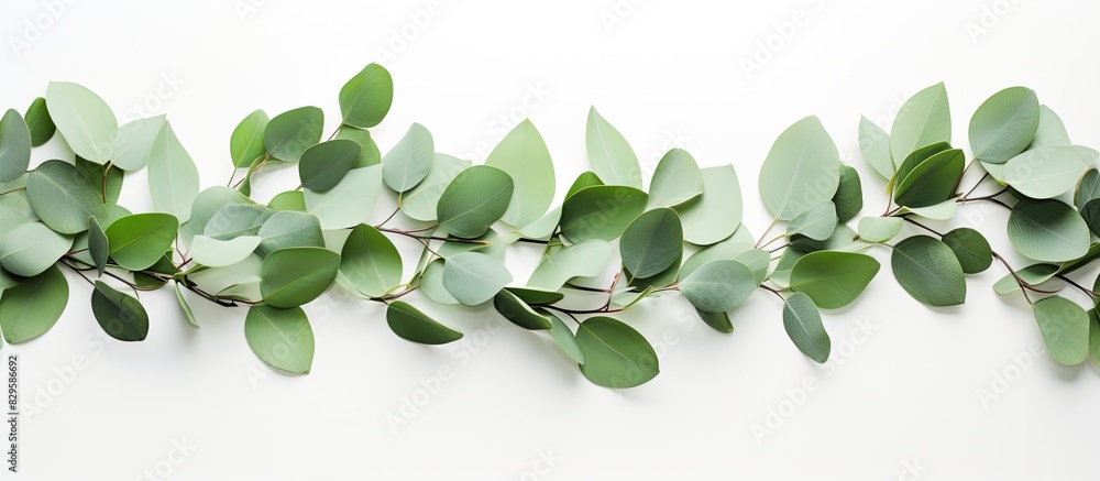 Poster eucalyptus branches and leaves formed into a wreath frame set against a white background for a lay f