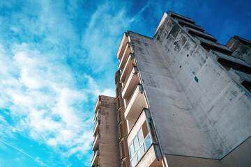 Tall residential skyscraper building from 1980s as fine example of brutalist architecture style