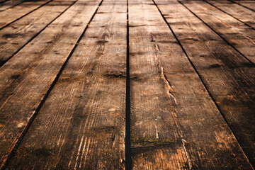 Empty wooden flooring for product placement design, old wood planks as background