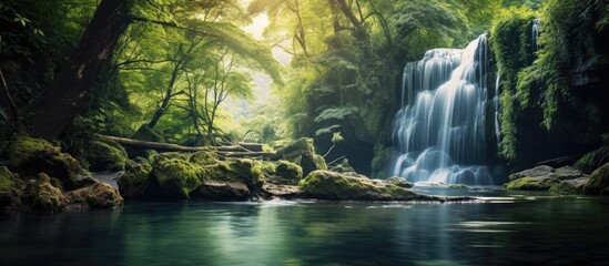 Scenic forest with a stunning waterfall surrounded by lush green trees ideal for a copy space image