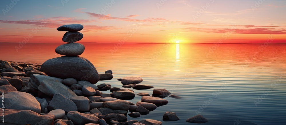 Aufkleber sunset setting with stones by the sea creating a serene scene with copy space image