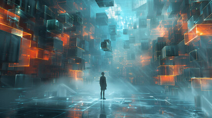 A surreal depiction of a presenter standing amidst a sea of floating data cubes and virtual charts, representing the vast amount of information that can be conveyed through immersive 3D presentations.