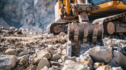 A pile driver at work on a rocky terrain showcasing the versatility of the machine and the determination of the workers overcoming challenging conditions.