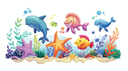 Beautiful cartoon illustration with colorful sea anim