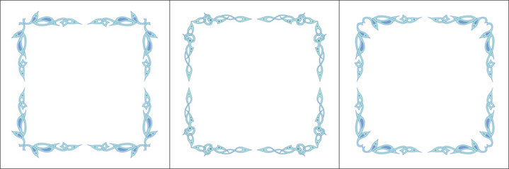 Set of three blue green frames with fantasy ornament . Fantasy green corners. Fairy tail decoration, book decoration.