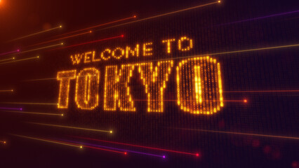 Fototapeta premium Abstract Futuristic Orange Purple Shiny Perspective Square Hud Mosaic Grid Of Welcome to Tokyo Digital Display Text With Dotted Lines Light Flare