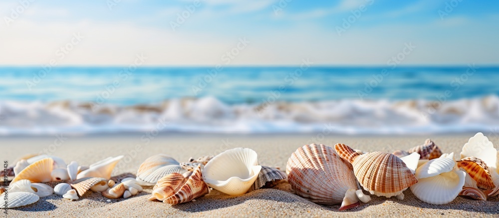 Aufkleber sea shells on a beach with a copy space image of the sea in the background