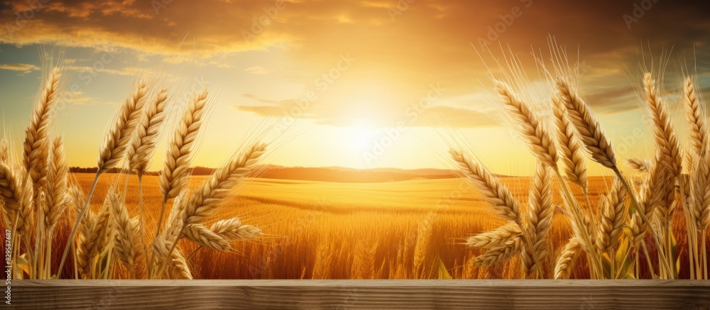 Wall mural Sunset sky backdrop frames a golden wheat field with ripening ears ideal for a nature themed photo with a focus on the concept of a bountiful harvest including copy space image