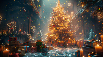 A dynamic scene depicting a festive holiday gathering with 3D-rendered gifts piled high under a glowing tree, capturing the warmth and happiness of sharing meaningful moments with friends and family.
