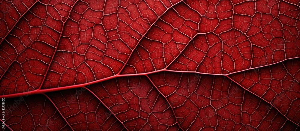 Wall mural view from below showing a detailed red leaf vein with copy space image
