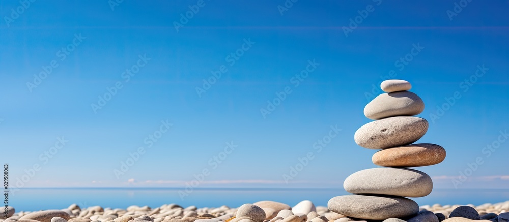 Poster create a serene atmosphere by balancing pebbles against a backdrop of clear blue sky symbolizing har