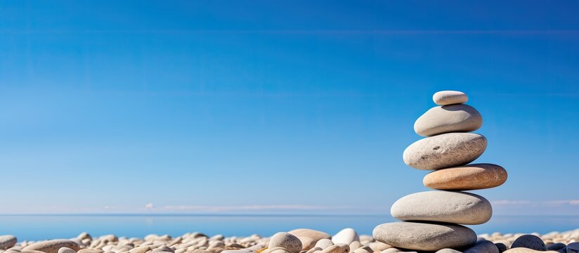 Create a serene atmosphere by balancing pebbles against a backdrop of clear blue sky symbolizing harmony balance and meditation in a tranquil setting with copy space image