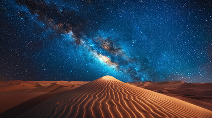 A vast desert expanse under a starry sky, where the undulating sand dunes and infinite cosmos blend...