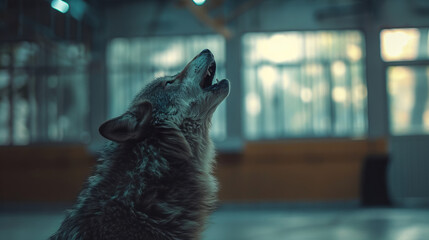 werewolf howling at the sky in front of a blurred school gym, copyspace, background blurred, Halloween at an American school theme