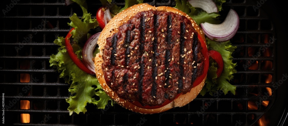 Poster top down view of a burger on a grill with ample copy space image
