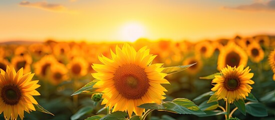 Fototapeta premium Sunflower field at sunset with a focus on a vibrant yellow flower conveying an agricultural theme with room for text in a banner like copy space image