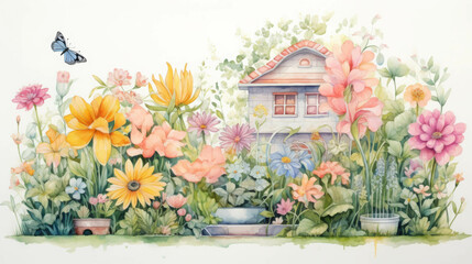 Watercolor painting of a beautiful garden with blooming flowers, a house in the background, and a butterfly hovering above the plants.