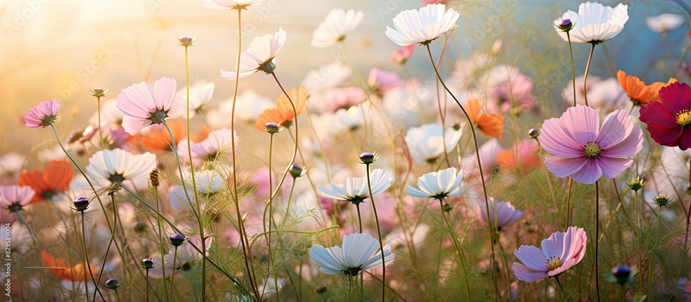 Poster garden with cosmos flowers blooming providing a vibrant and colorful backdrop. copy space image. pla