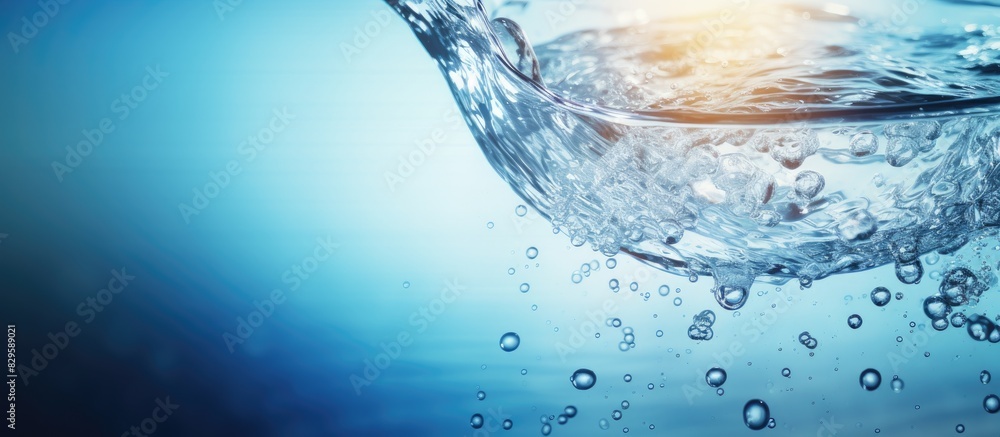 Poster a close up image of pouring fresh purified water from a bottle onto a table with space for text or o