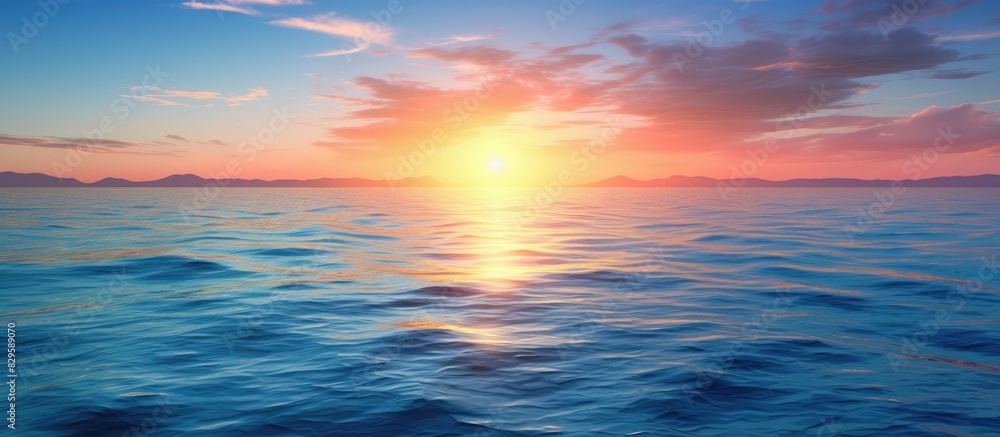 Poster sunset light illuminates the surface of the deep blue sea with a captivating view that offers a peac