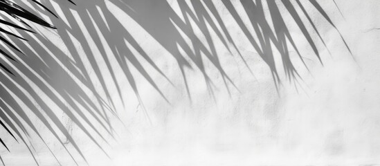 Obraz premium Abstract background showcasing natural palm leaves gray shadows on a white concrete wall with cracks designed as a black and white monochrome copy space image