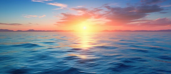 Obraz premium Sunset light illuminates the surface of the deep blue sea with a captivating view that offers a peaceful and tranquil setting for a copy space image