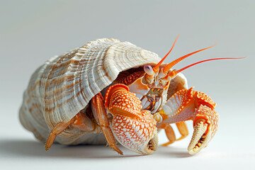 Close-up of a vibrant hermit crab with an intricate shell against a white background, showcasing details and textures in high definition.