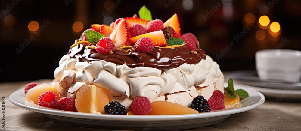 Poster light pavlova topped with fresh fruits and chocolate creating a delightful dessert with an elegant p