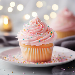 Delicious vanilla cupcake with fluffy pink frosting and colorful sprinkles on a white plate, perfect for celebrations and dessert cravings.