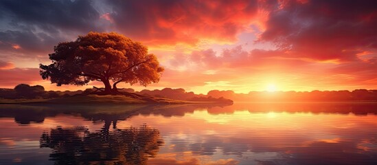 Fototapeta premium Sunset scene overlooking a tranquil riverside with a reflection on the water ideal for a copy space image