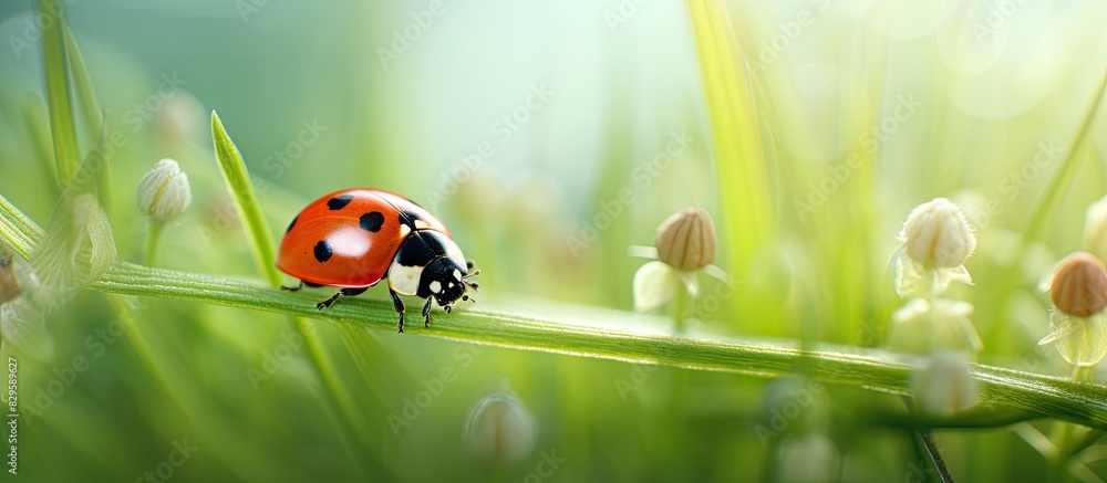 Aufkleber macro close up of a ladybug wildlife insect on green grass in spring with a blurred green grass and 